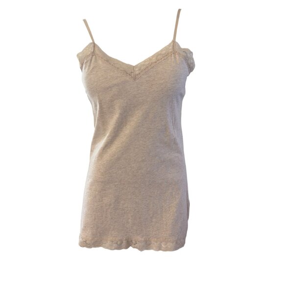 90's Y2K Long Tank With Lace Trim Cream Heather Built In Bra - Picture 1 of 4